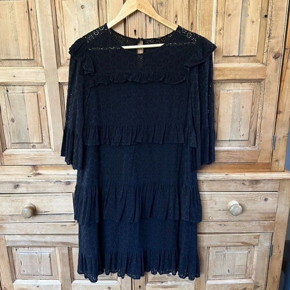 Madewell Size 8 Black Eyelet Lace Dress Ruffles‎ Waterlily 3/4 Sleeve Classic
